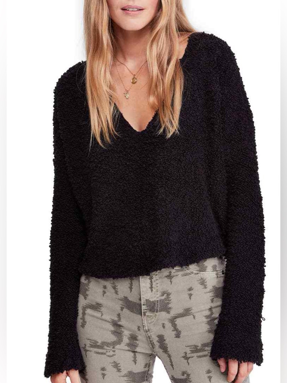 Free People Black Plush V-Neck Popcorn Pullover Sweater
